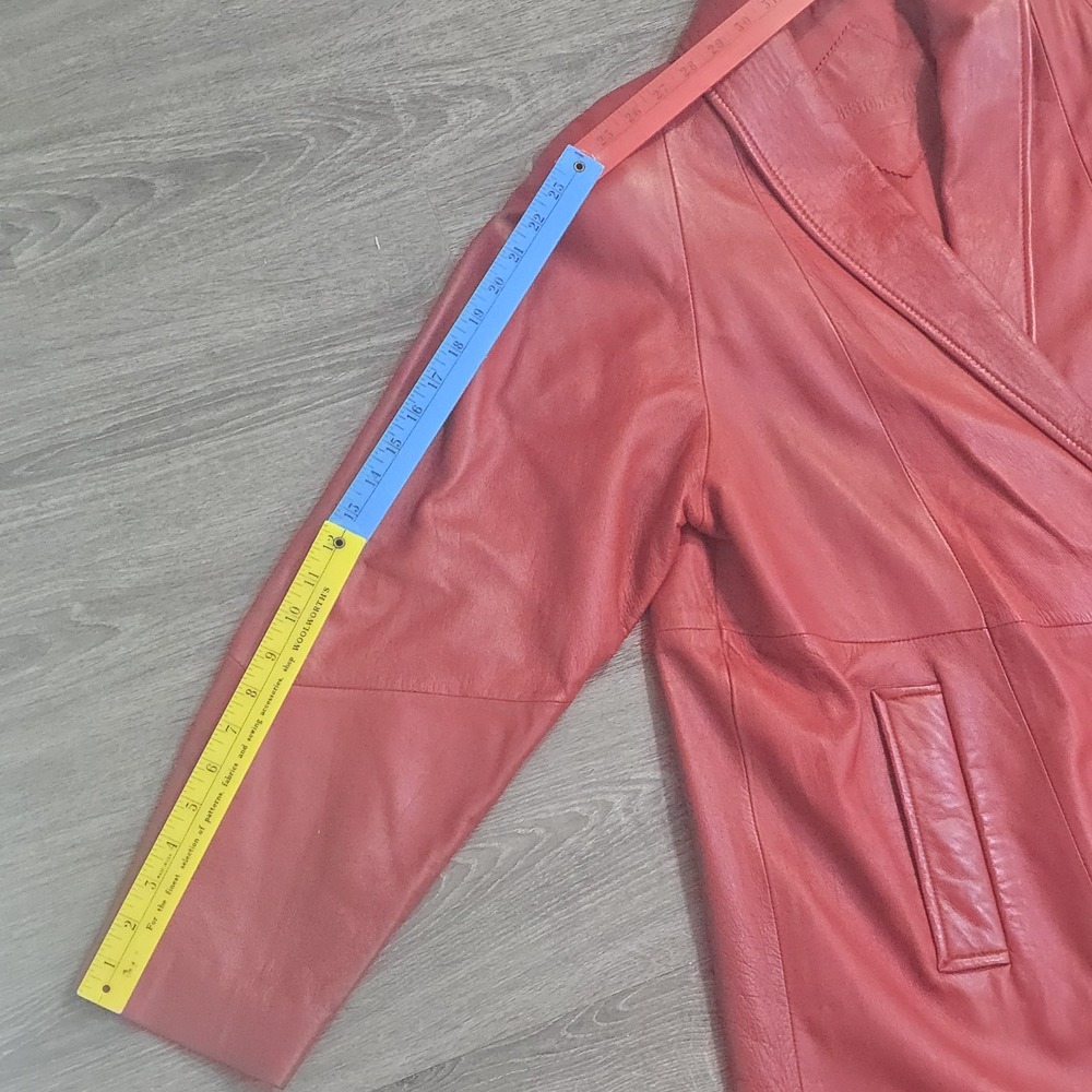 VTG Preston And York Red Lambskin Leather Coat Open Front Mid Length Women's L - Picture 15 of 16
